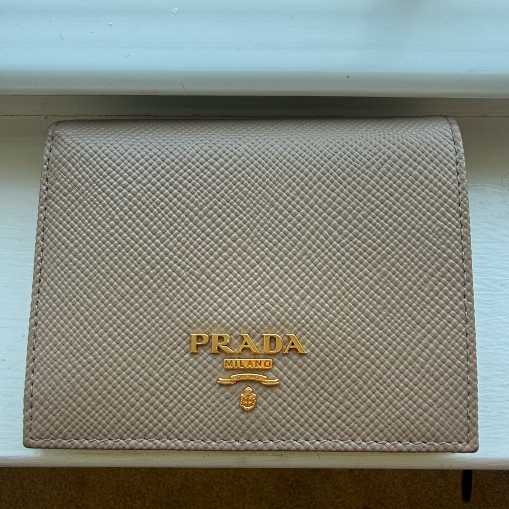 Prada Compact Saffiano Wallet in Taupe with Gold Logo